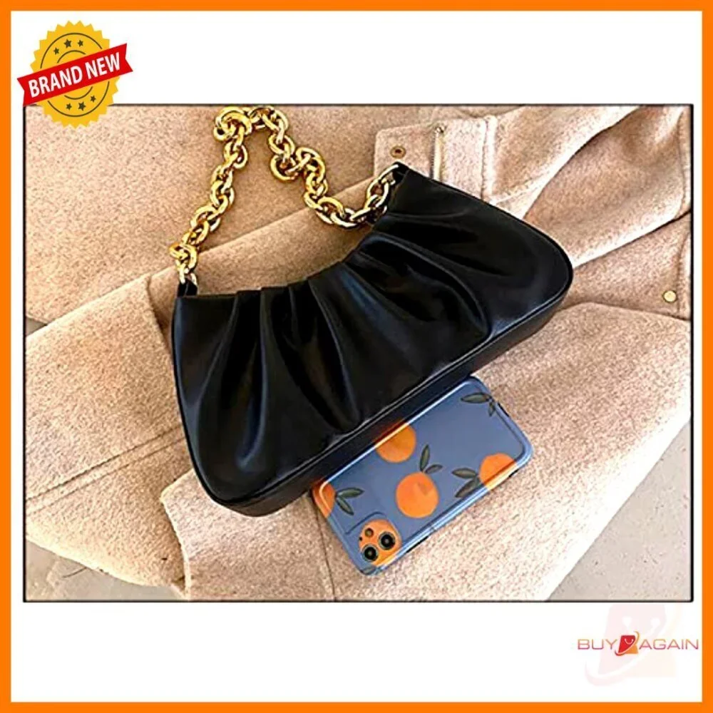 Small Leather Shoulder Bag with Gold Chain, Evening Clutch Purse